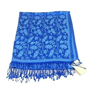 Turkish Silk Blue Print Tassle Trim Scarf, 70" x 28"